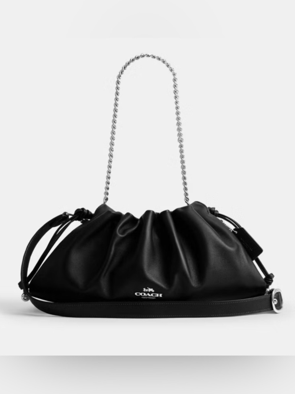 🖤🩶COACH NWT Large Faye Black  Soft Leather Drawstring Shoulder Bag Chain Strap